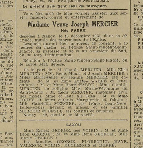 Décès Julie Françoise Fabre.